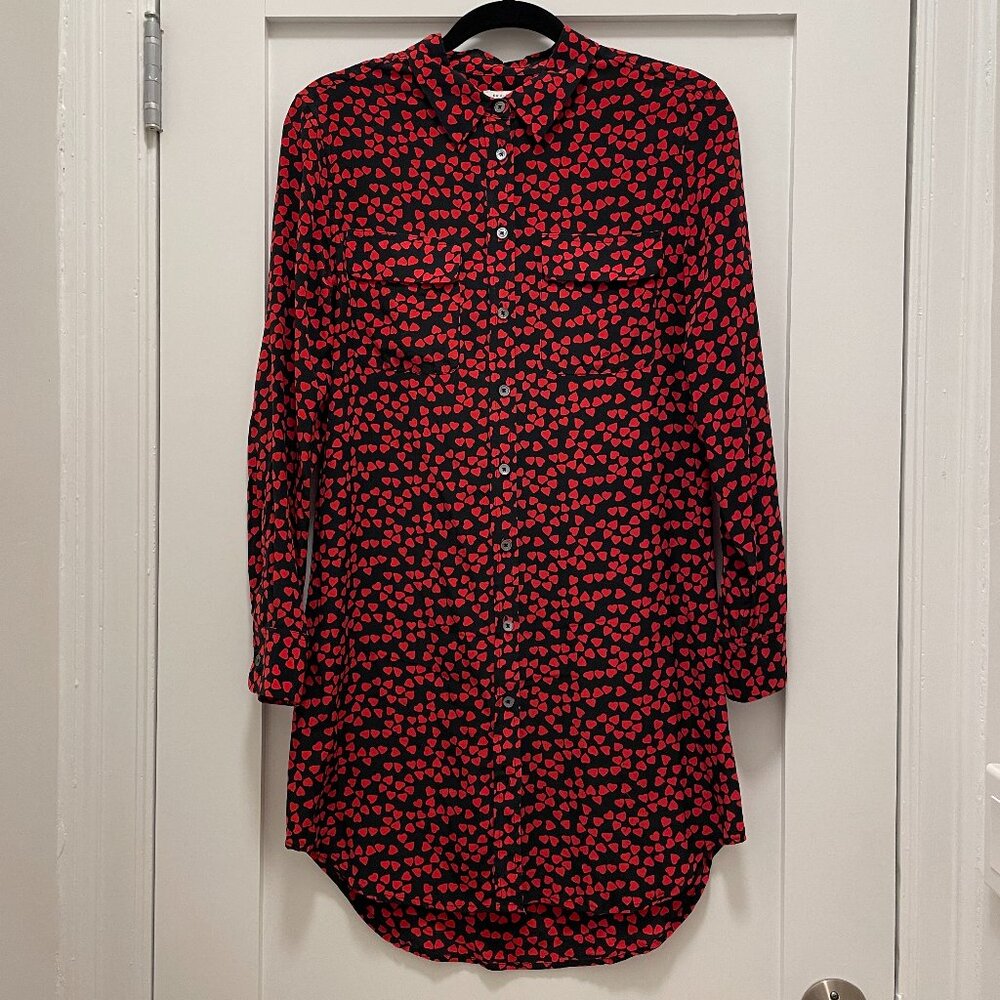 Equipment Black & Red Heart Long-sleeved Silk Shirt Valentine's Mini Dress (sm)